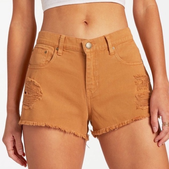 Billabong Drift Away Denim Frayed High Waist Brown Shorts in Canyon Brown - Picture 4 of 7